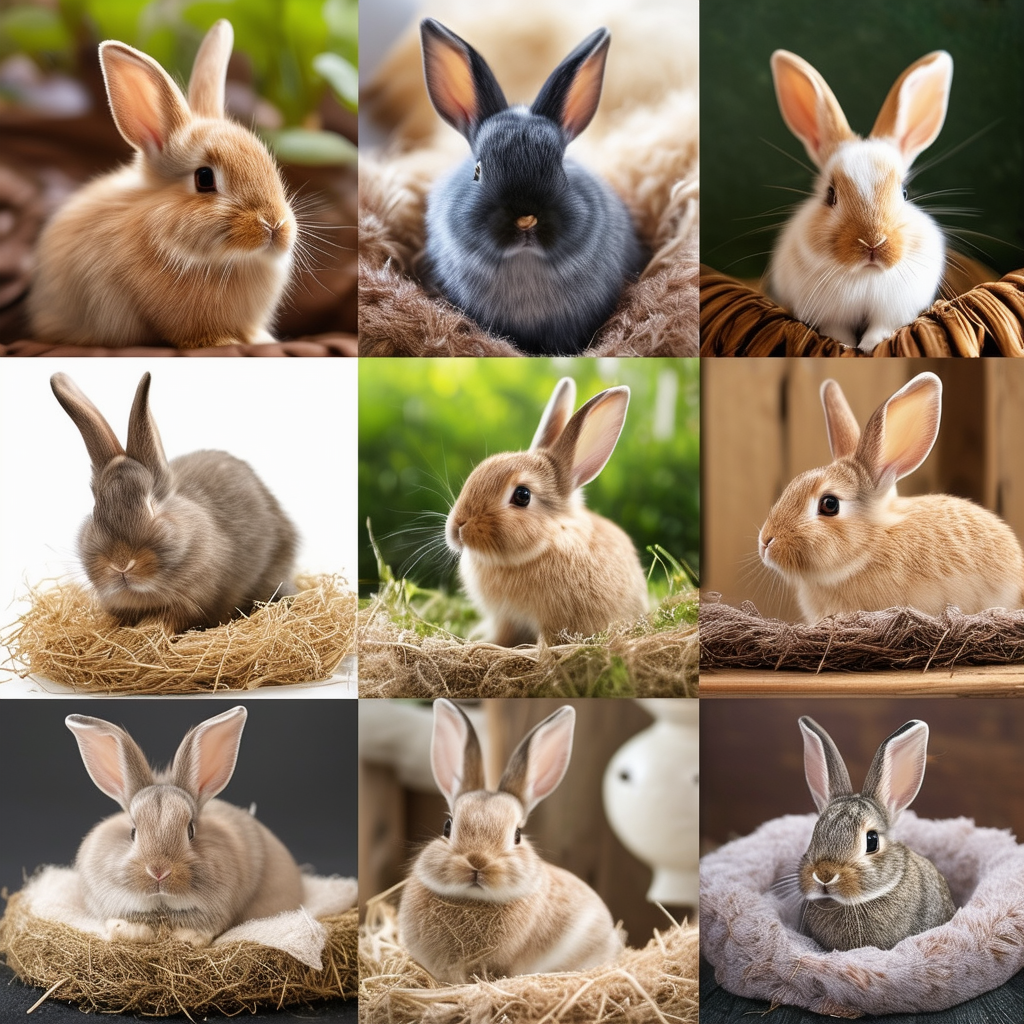 A collage of various adorable rabbit breeds sittin