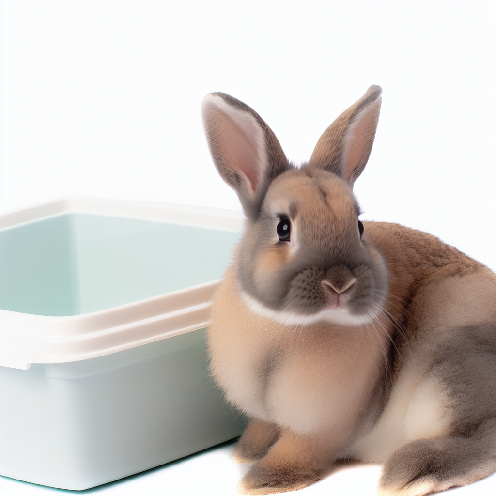 A cute rabbit sitting next to a clean litter box,