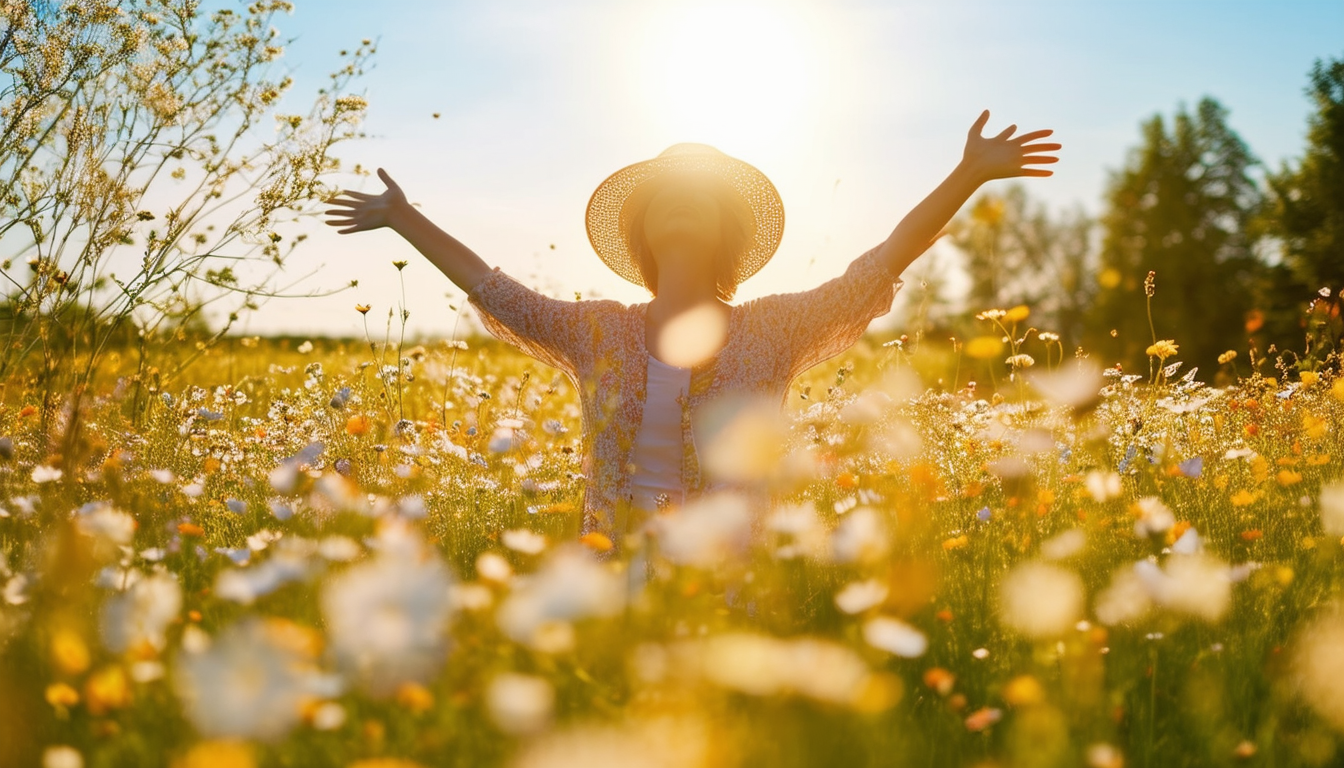 A person enjoying a sunny day in a flower-filled m
