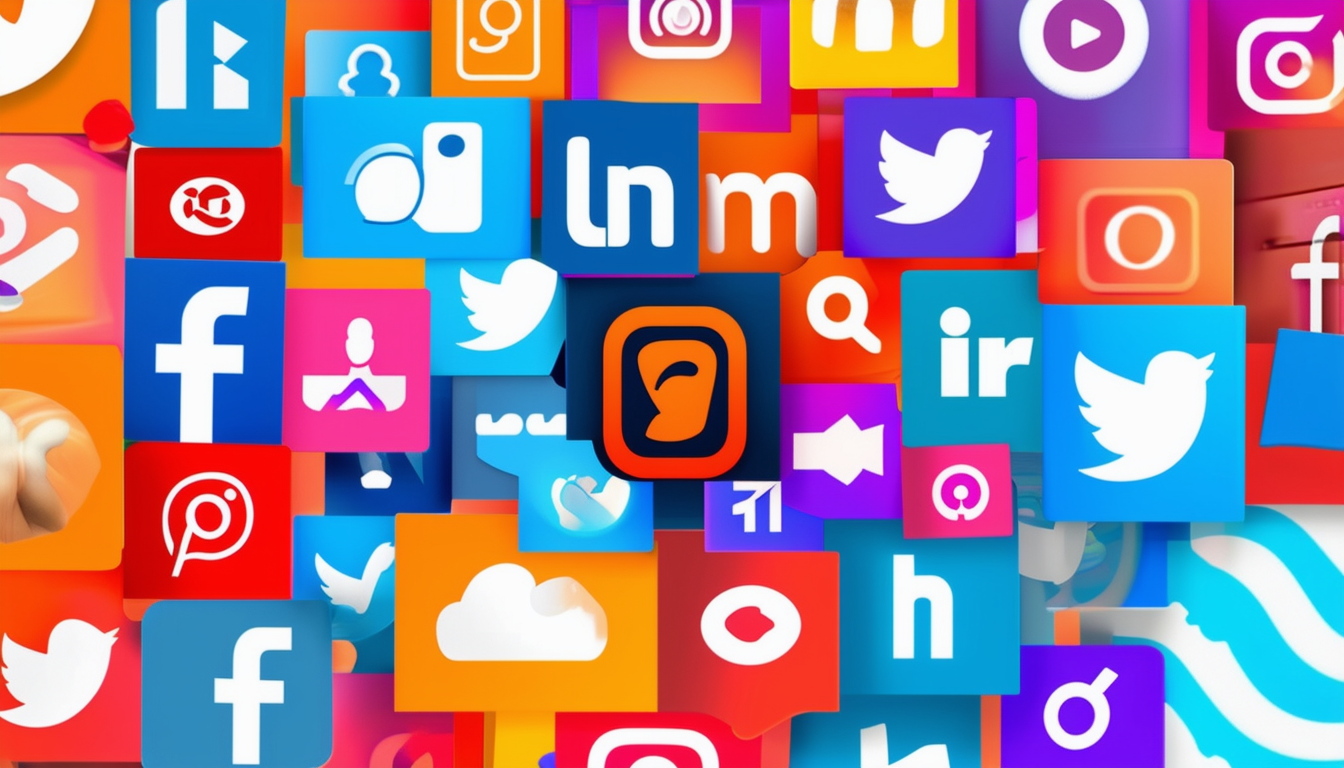 A vibrant collage of various social media icons wi