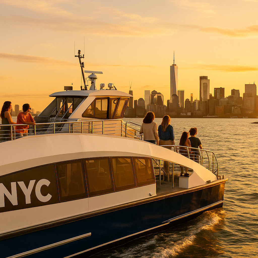 NYC Ferry at golden hour with skyline and Statue of Liberty in the distance.